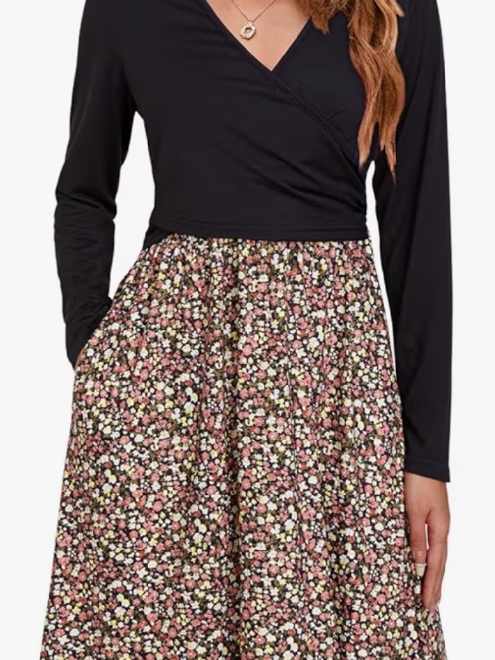 Black Long-Sleeve Floral maternity nursing Dress with Pink & Cream Floral Skirt